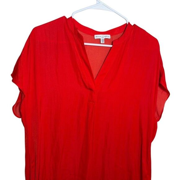 Maison D'Amelie Blouse Women's Medium Red V-Neck Short Sleeve Satin Top - Picture 2 of 9